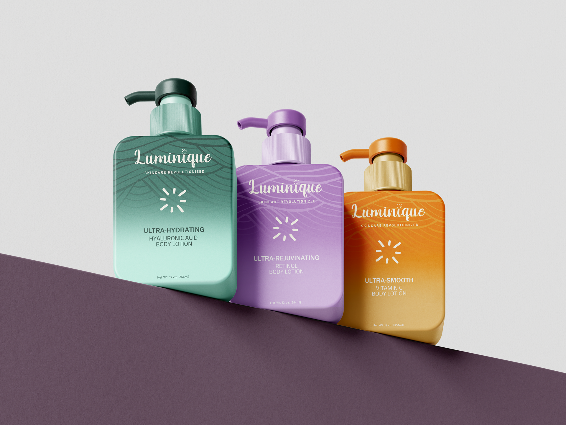 Luminique orange, green and berry body lotion packaging family