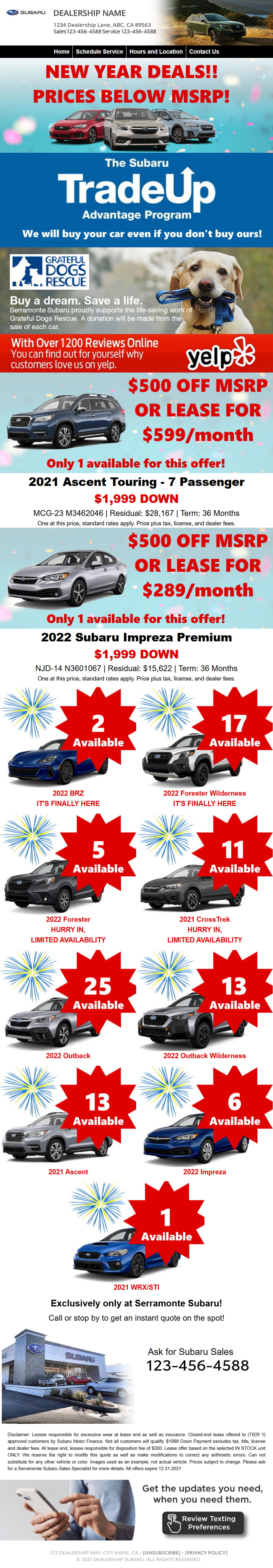 Subaru sales email before redesign
